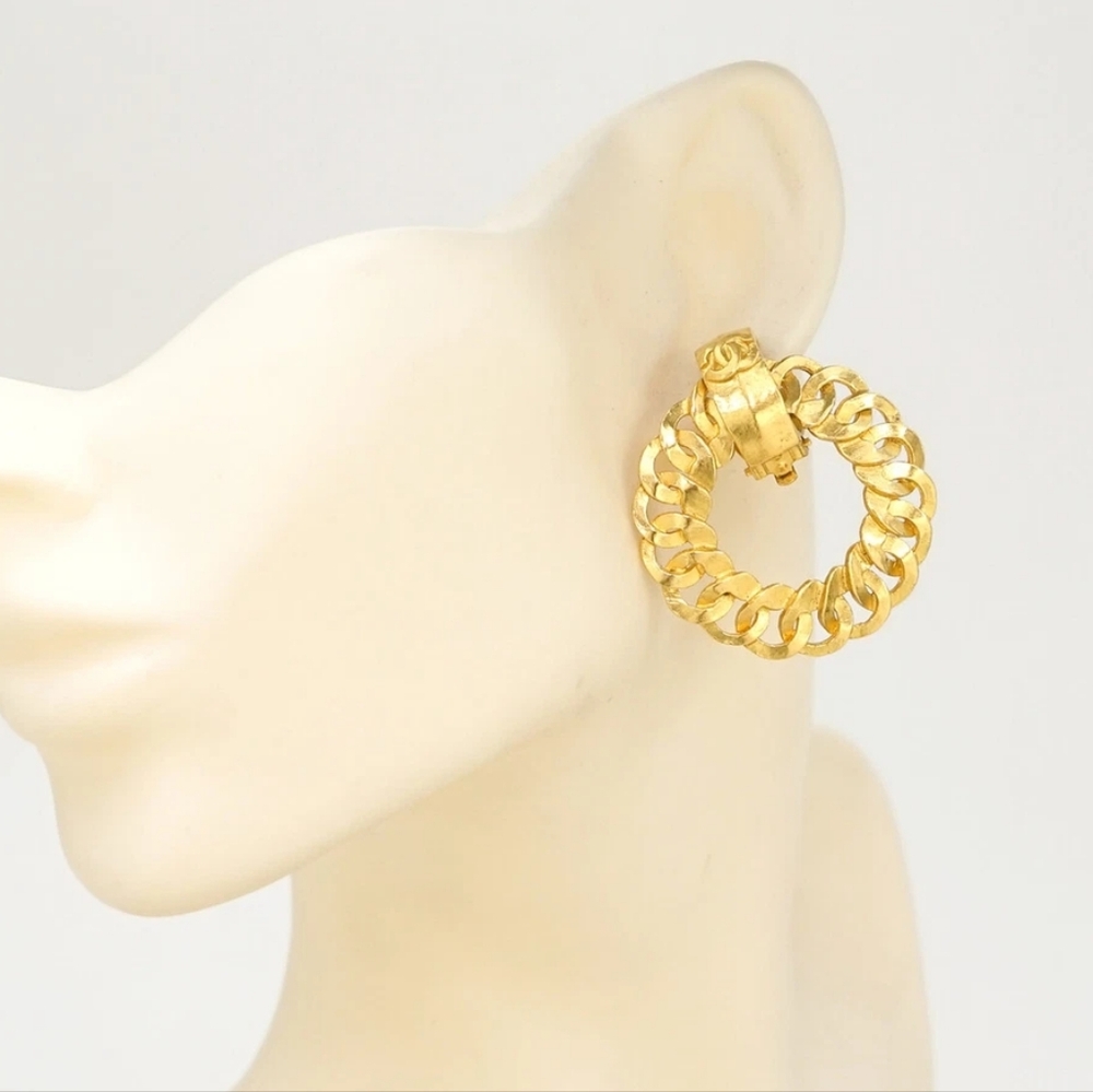 CHANEL Vintage Coco Mark Gold Plated Hoops Door Knocker Clip On Earrings